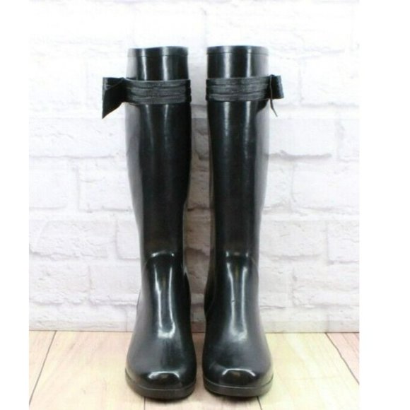 Kate Spade Black Glossy Rubber Pull On Knee High Rain Boots Size 9 - Picture 4 of 10